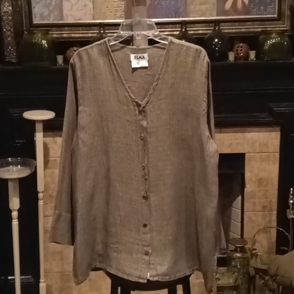 FINAL PRICE FLAX 100% linen l/s v-neck buttoned down blouse w side slits M - Picture 3 of 16